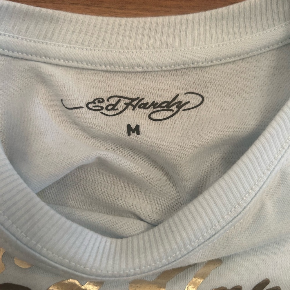 Ed Hardy Blue Short Sleeve Tee with Artistic Graphics - Picture 2 of 4